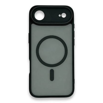 Back view of a translucent black MagSafe iPhone case with a matte finish.
