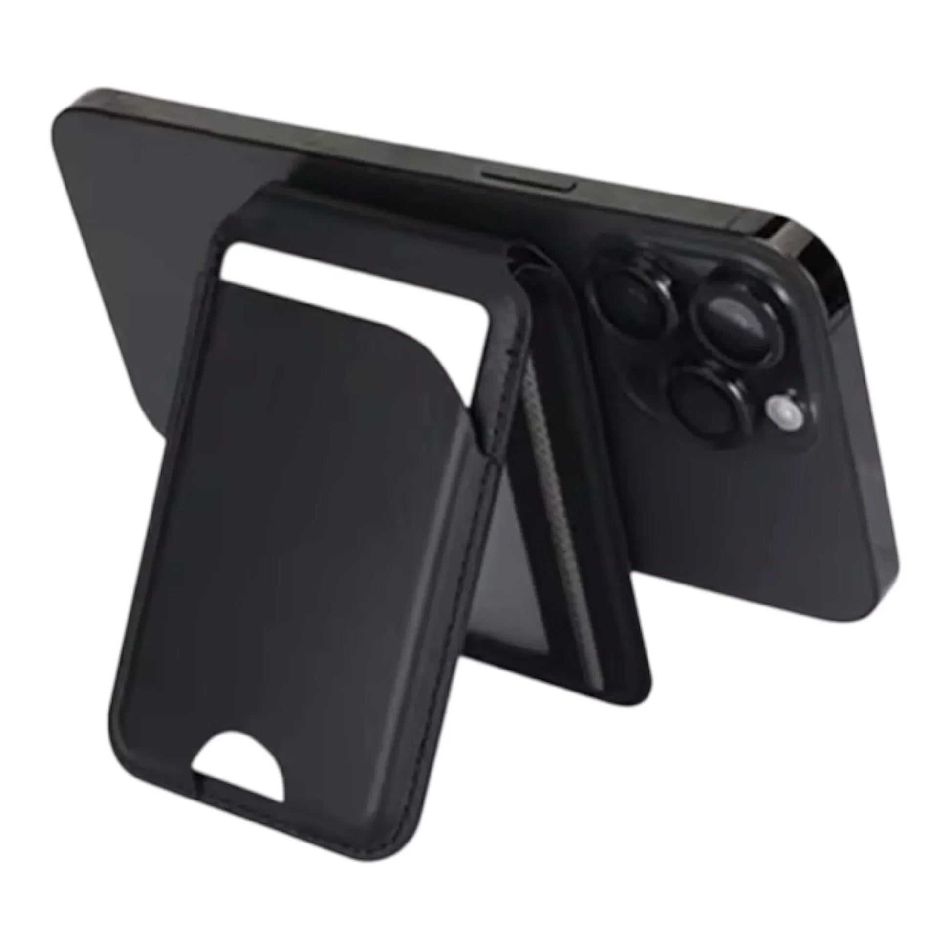 Black MagSafe wallet case with stand for iPhone, sleek design, magnetic attachment, minimalist look