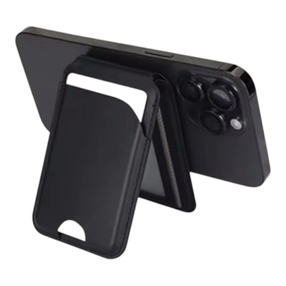 Black MagSafe wallet case with stand for iPhone, sleek design, magnetic attachment, minimalist look
