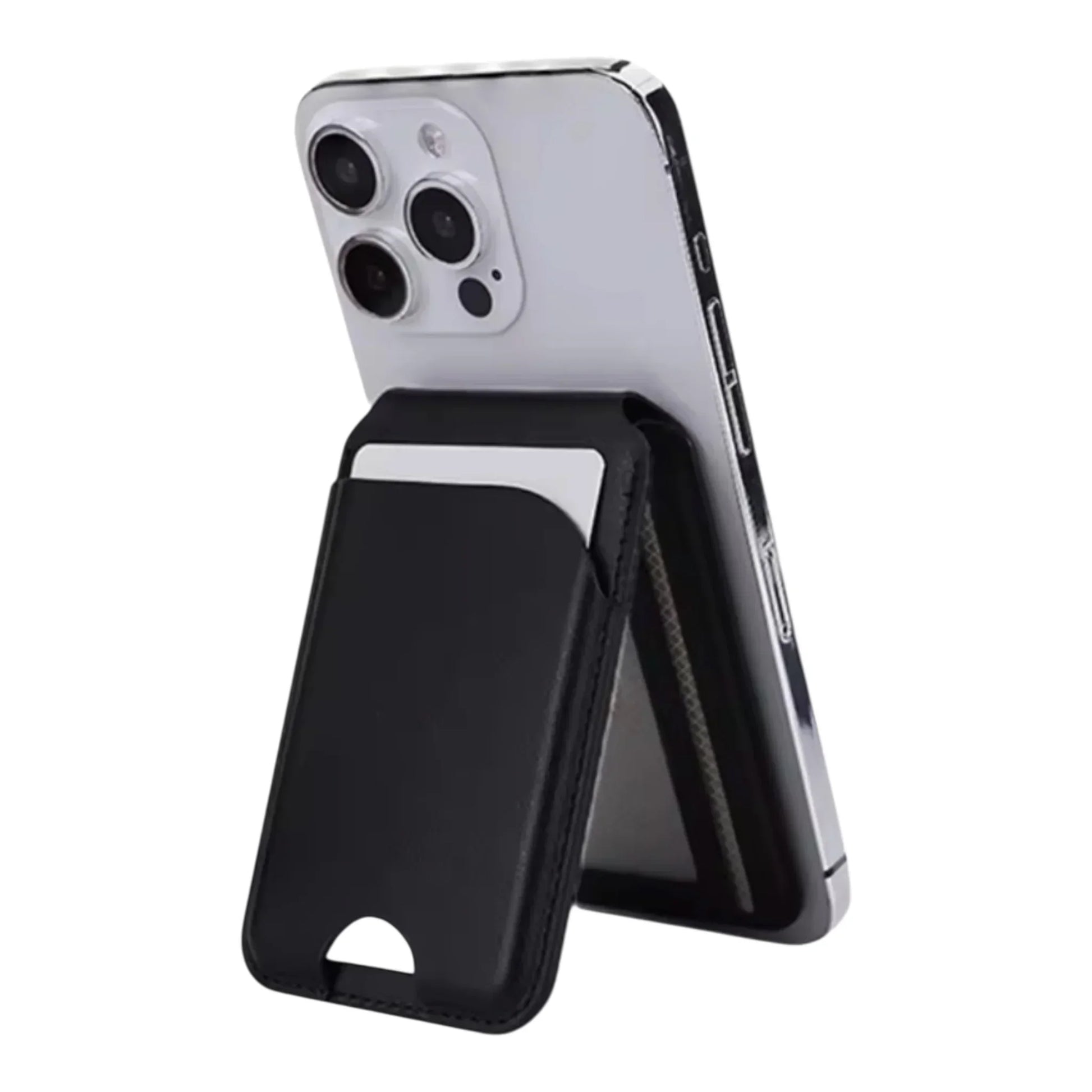 Black MagSafe wallet attached to iPhone with card slot visible