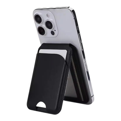 Black MagSafe wallet attached to iPhone with card slot visible